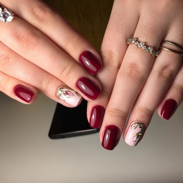 exquisite manicure floral nails burgundy red 