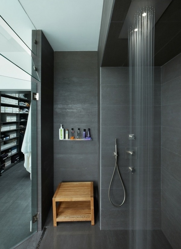 modern walk in shower ideas ceiling mounted rain showerhead gray tiles