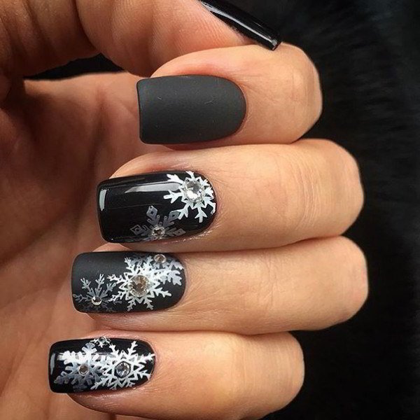 new year nail designs black nails white snowflakes rhinestones