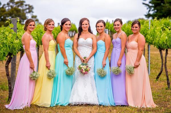 pastel colors long dresses bridesmaids