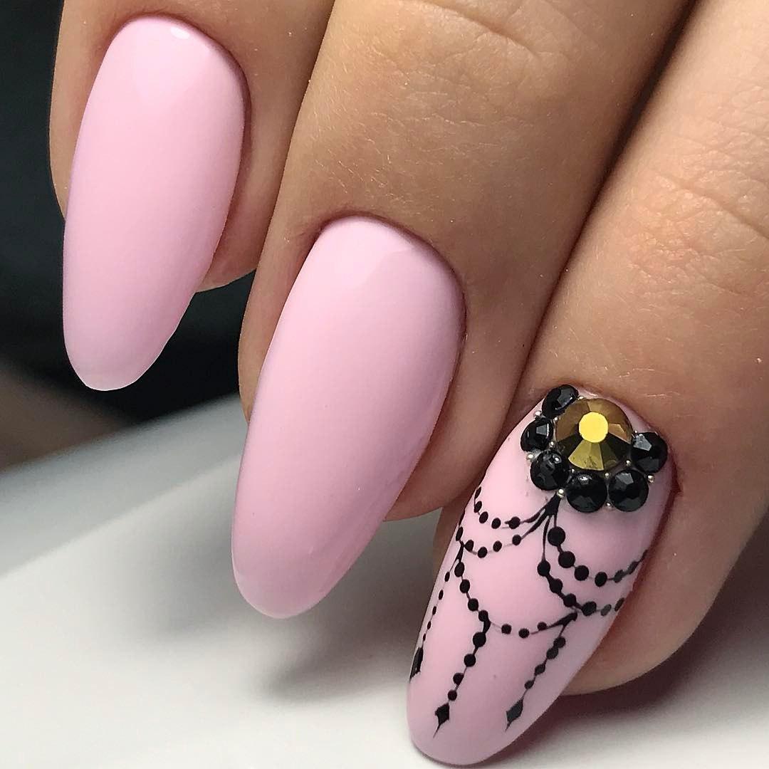 pink nail color black decoration lace pattern nail art ideas