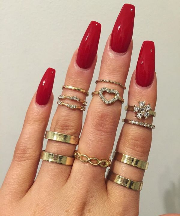 red coffin shaped nails manicure ideas for long nails