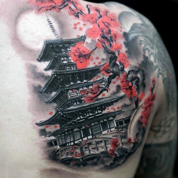shoulder and back tattoo cherry blossom