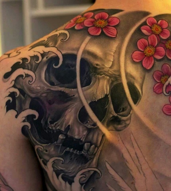 skull and cherry blossom irezumi tatoo design