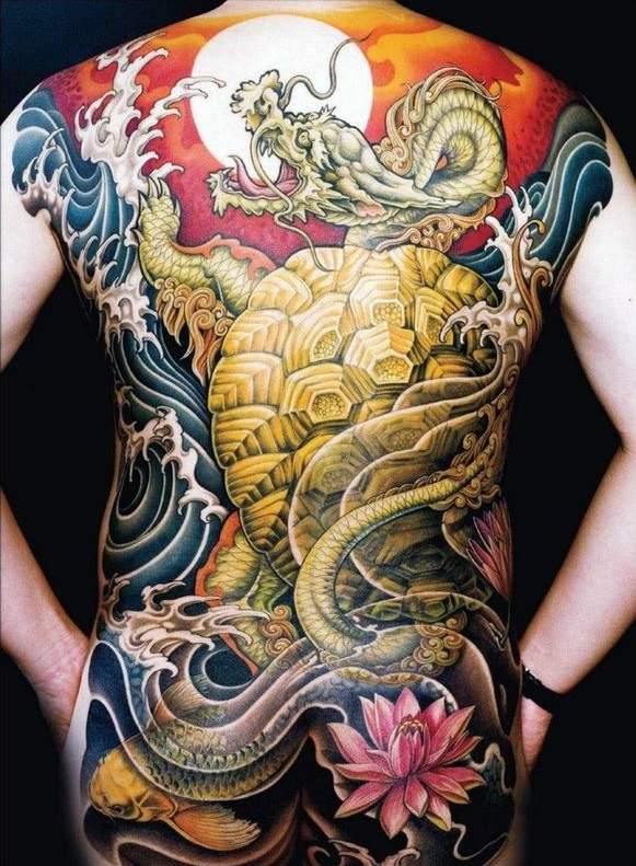 turtle dragon lotus waves back tattoo