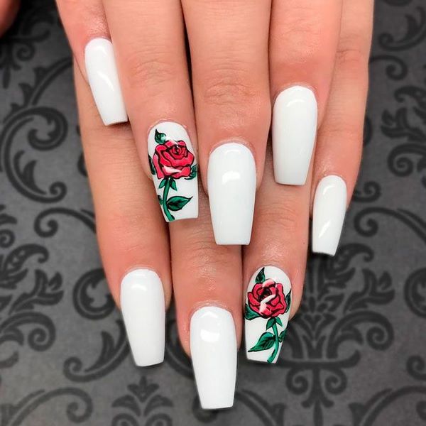 white coffin nails with flowers