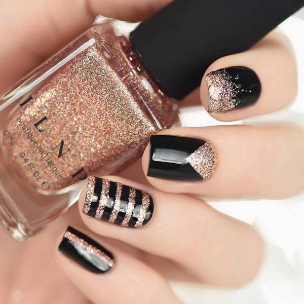 black and glitter nail design geometric nail art