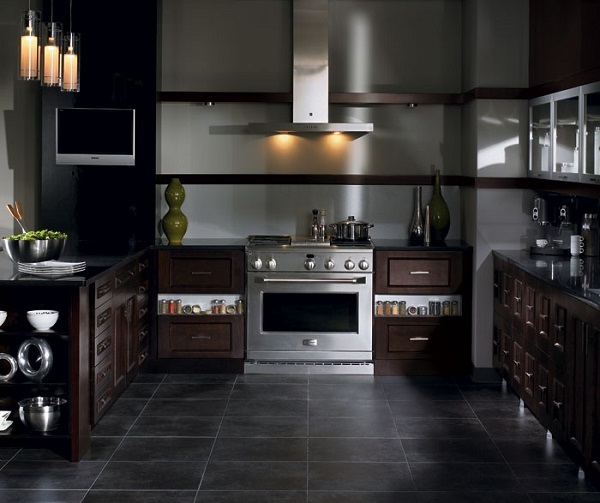 contemporary kitchen cabinets in espresso finish tile flooring