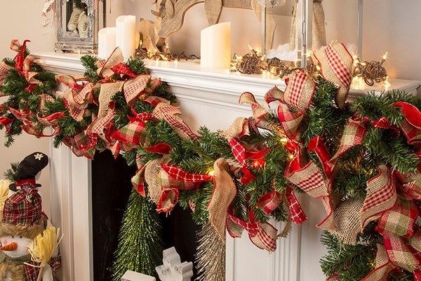 evergreen and burlap ribbon garland fireplace decoration