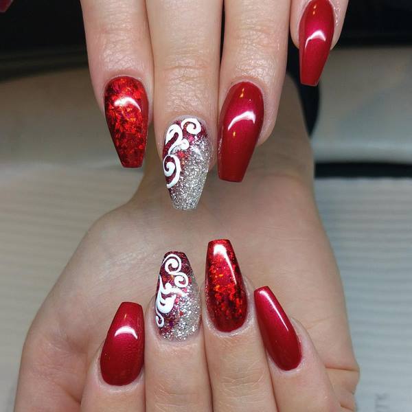 festive red and silver glitter nail art designs