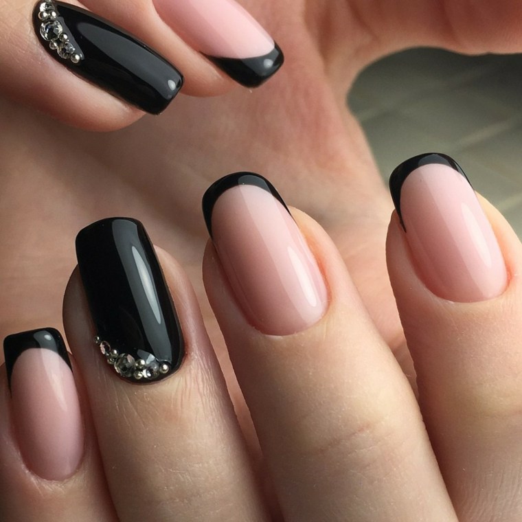 french nails ideas black manicure with crystals