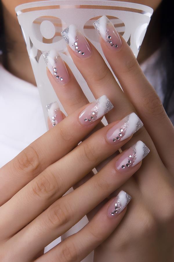 glamorous wedding nail design with rhinestones long nails