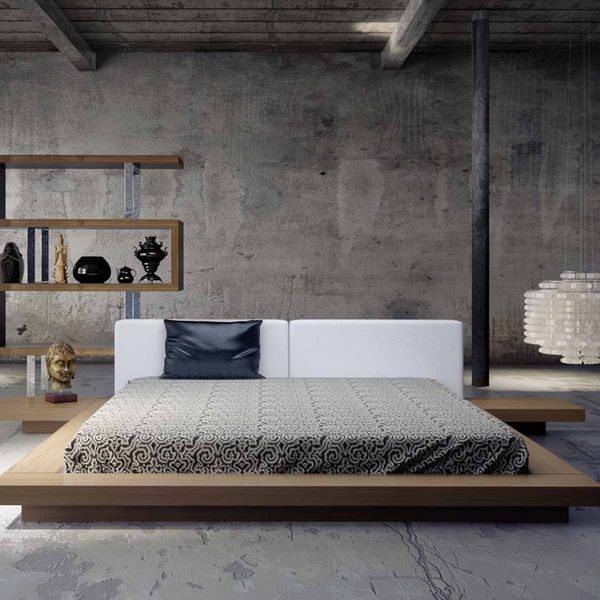 masculine bed frames wooden low platform bed concrete walls