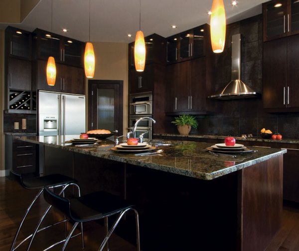 modern kitchen ideas espresso cabinets granite countertop pendant lamps