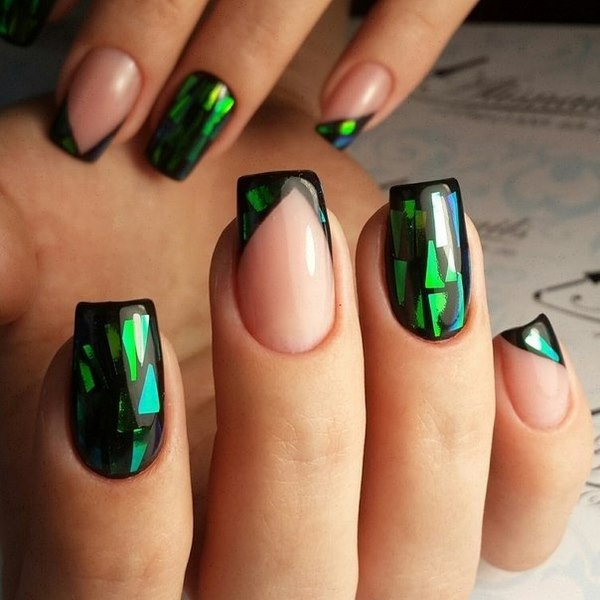 shattered glass nail art chrome and nude manicure ideas