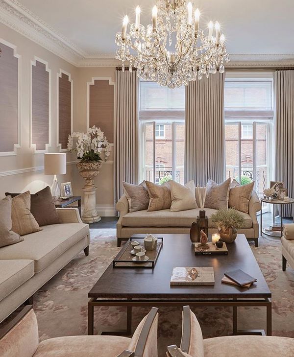 stylish and elegant formal living room in neutral shades