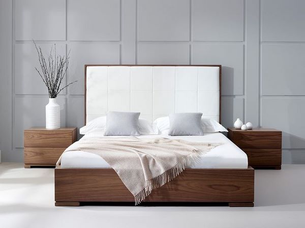 wonderful leather and walnut wood headboard modern bed design