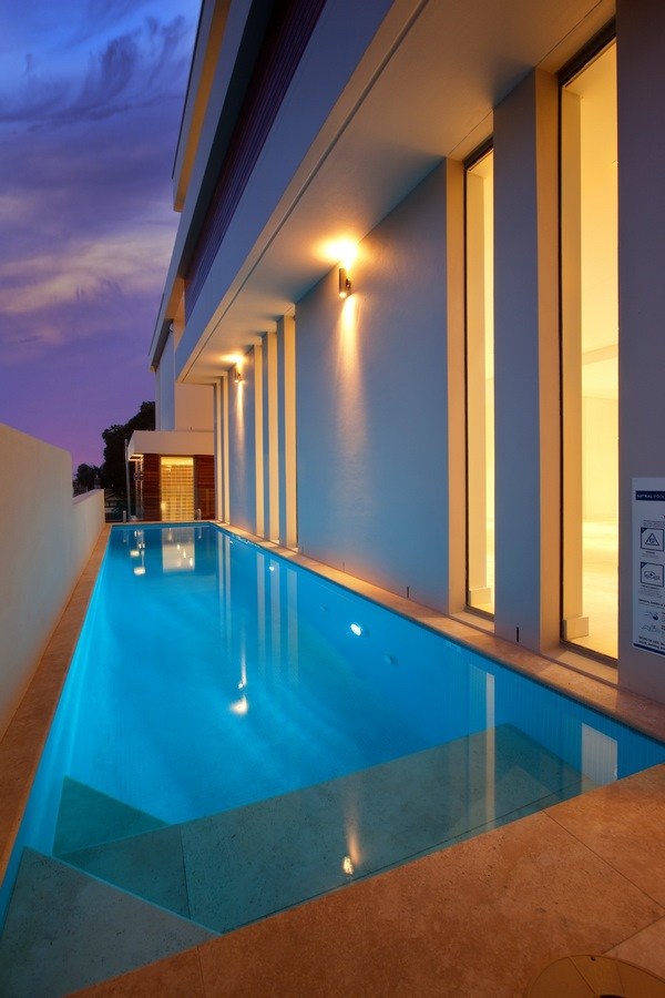 Residential swimming pool long narrow lap pool