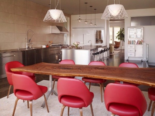 Stainless-steel-kitchen-live-edge-dining-table-red-leather-chairs