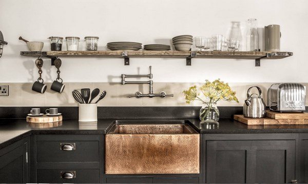 black kitchen cabinets copper sink open shelf