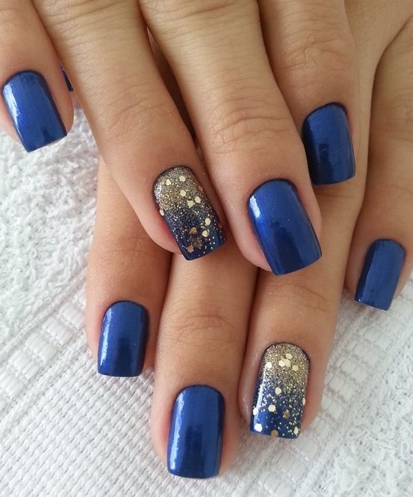 blue manicure with golden glitter nail designs for short nails