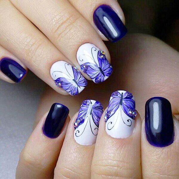 butterfly nail design blue white manicure ideas