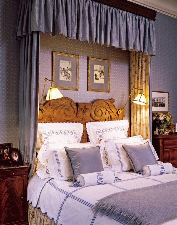 classic style bedroom design purple wallpaper canopy