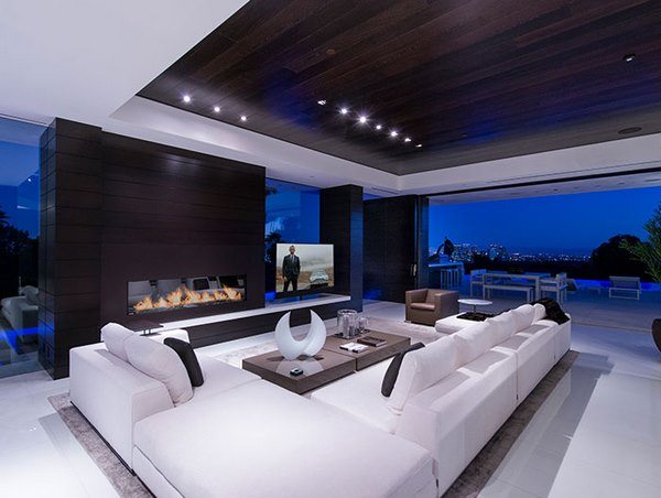 contemporary interior design with white sofa modern fireplace