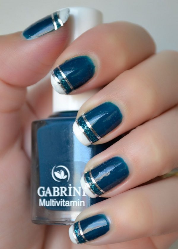 french nail design in blue white and silver