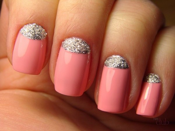 glitter nails pink moon nail art with silver glitter