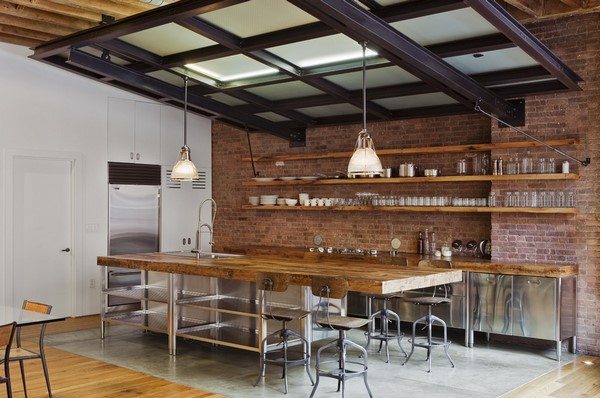 industrial kitchen designs exposed brick wall metal cabinets wooden shelves