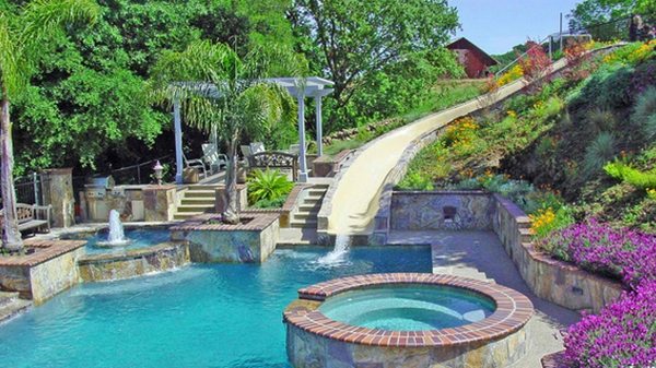 inground pool slides designs backyard landscaping ideas