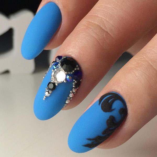 matte nail designs with rhinestones and black accents