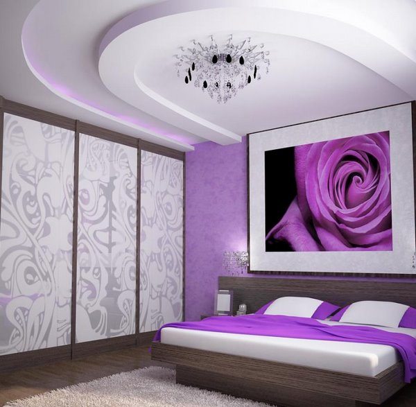 modern bedroom interior in white and purple colors