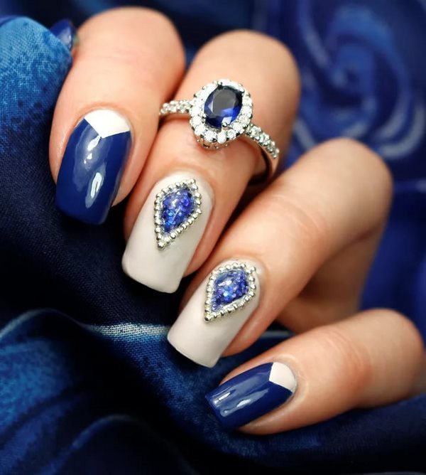 nail designs ideas blue white manicure with glitter and rhinestones
