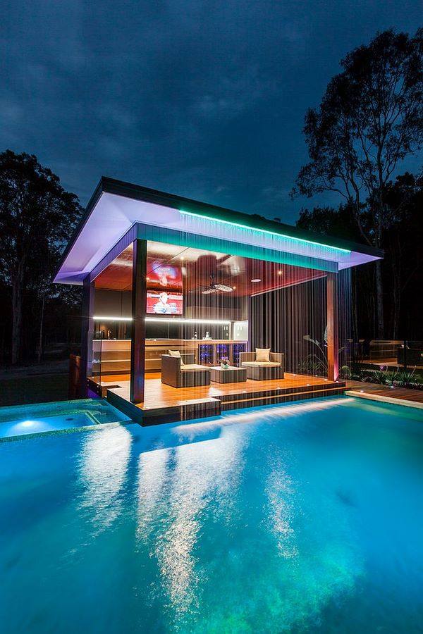 pool house and water feature rain curtain for swimming pool