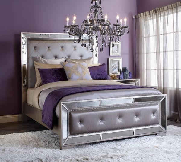 purple and silver colors glamorous bedrooms interiors
