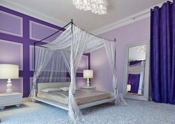 purple bedroom color scheme canopy bed white carpet