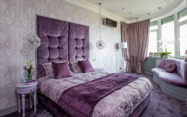 purple bedroom design ideas tufted wall panels floor carpet