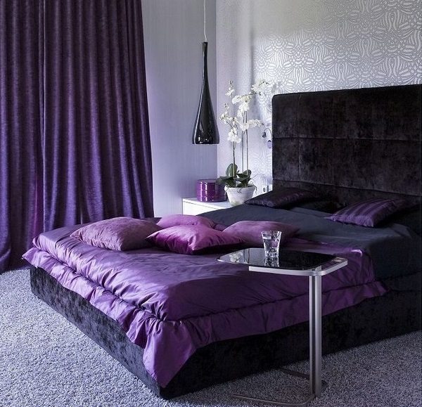 purple color in bedroom interior black bed upholstery white wallpaper