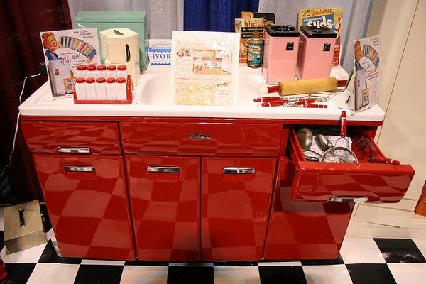 red retro style metal kitchen cabinets
