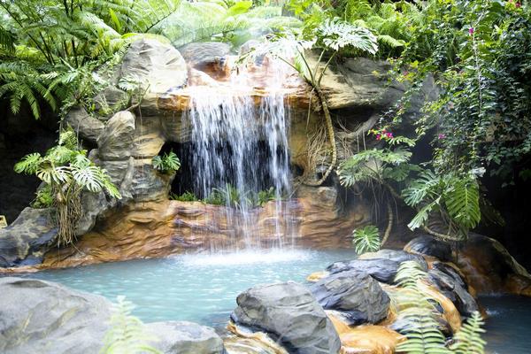 tropical swimming pool design with rock waterfall