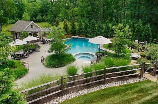 backyard landscaping swimming pool fence pool house