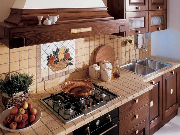 ceramic tile backsplash and countertop wood cabinets