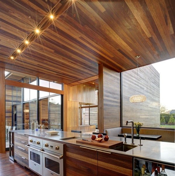 contemporary kitchen design with wood ceiling