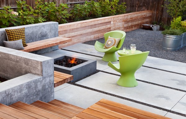 contemporary patio concrete firepit bench retaining wall wood