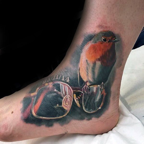 foot and ankle tattoo bird with glasses mens tattoos