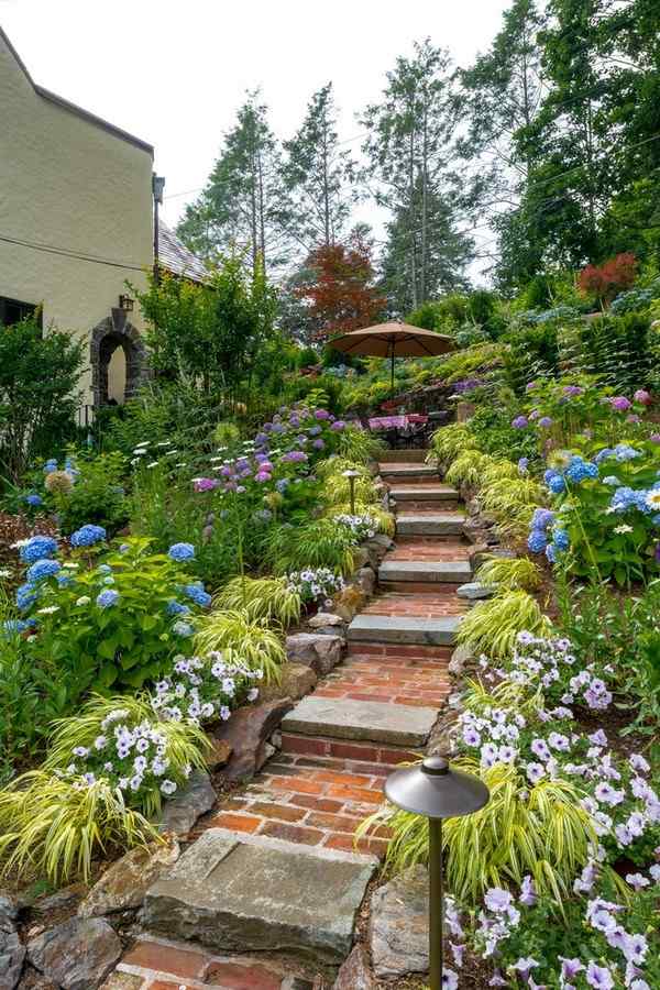 how to landscape sloping garden ideas brick and stone path