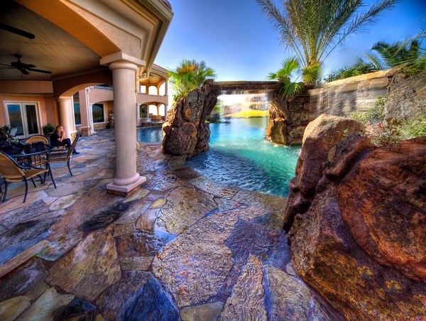 pool surrounding deck ideas stone patio pavers types