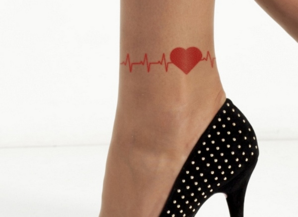 red heartbeat bracelet tattoo on the ankle